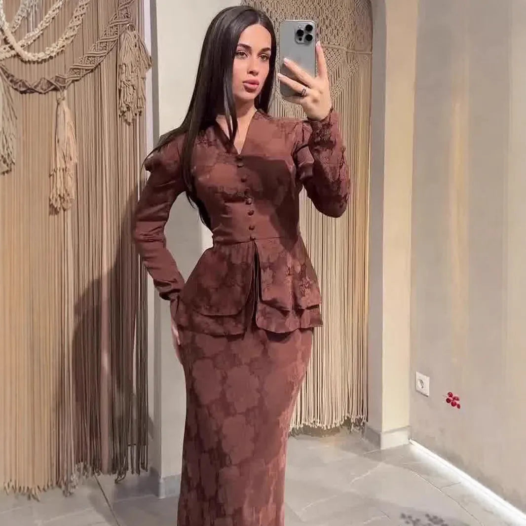 Dark brown retro artistic long sleeve dress with plant pattern and button details