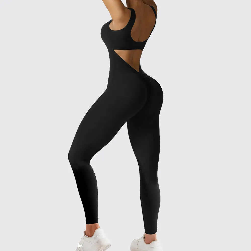 Women's sleeveless flare jumpsuit for yoga and fitness in high-elasticity polyester, shown in various colours.