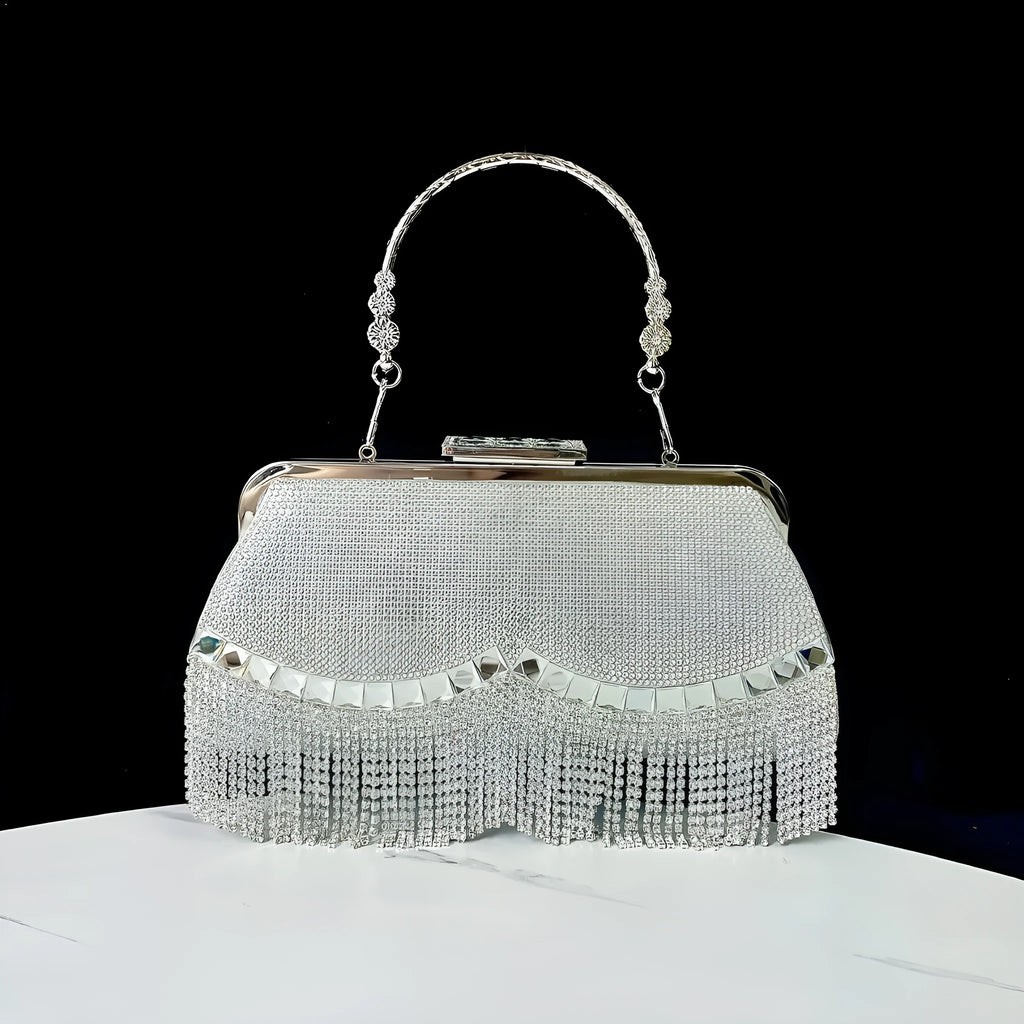 Tassel banquet bag in silver, gold or black polyester with shell shape and chain detail