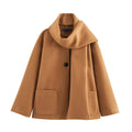 Women's long black polyester overcoat with a grey artificial fur collar, shown at full length.