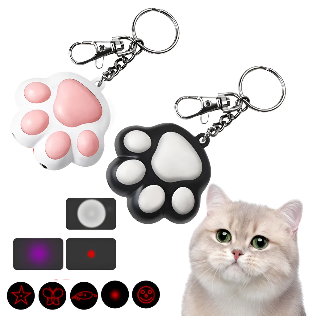 Pink and black infrared cat teaser key chain toy measuring 5cm by 2.5cm with USB charging port