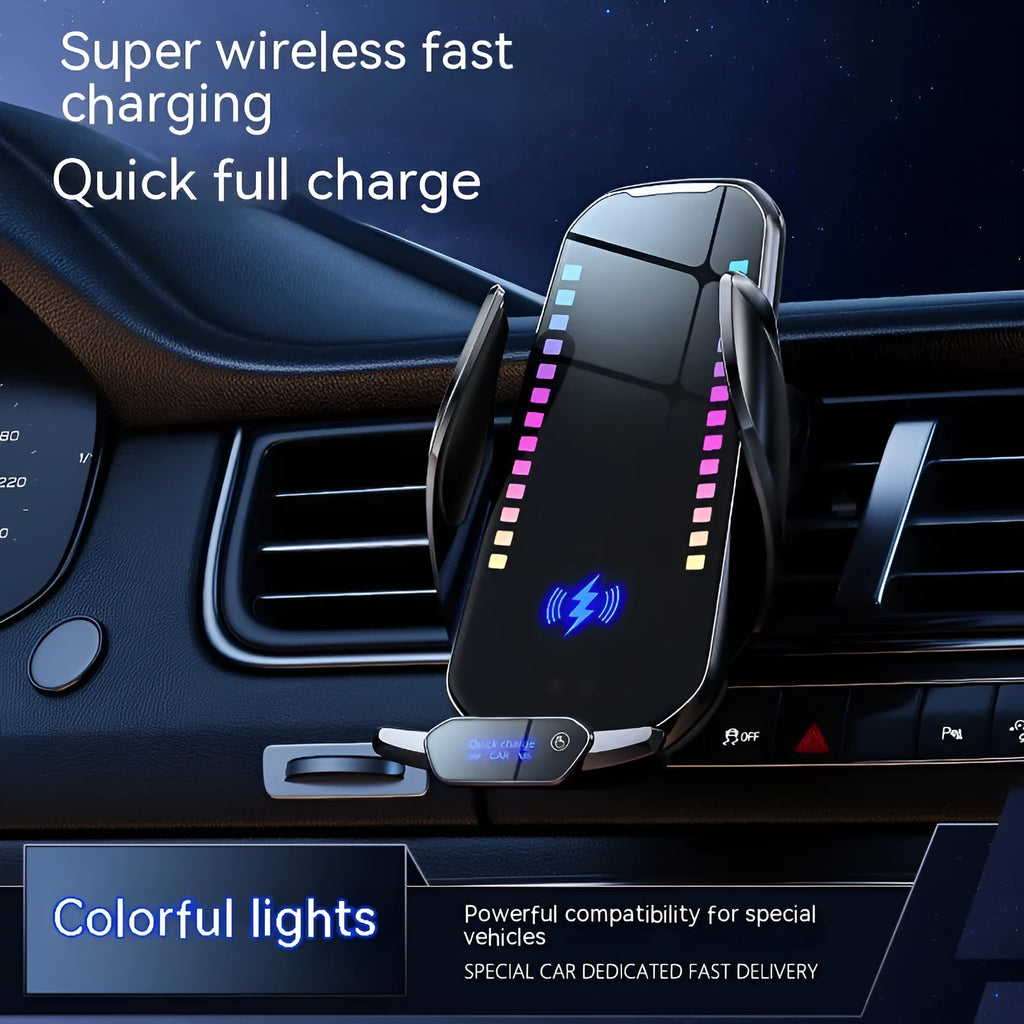Silver car phone holder with wireless charging pad and electric clamp mounted on a car dashboard.