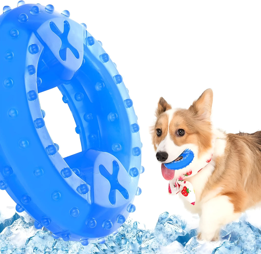 A freezable bone or circle-shaped dog chew toy, shown with treats, designed for cooling and teething relief.