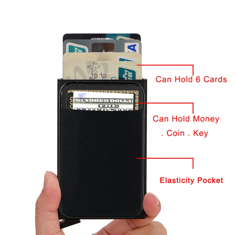 Aluminium alloy frosted metal credit card holder in multiple colour options on a grey background.