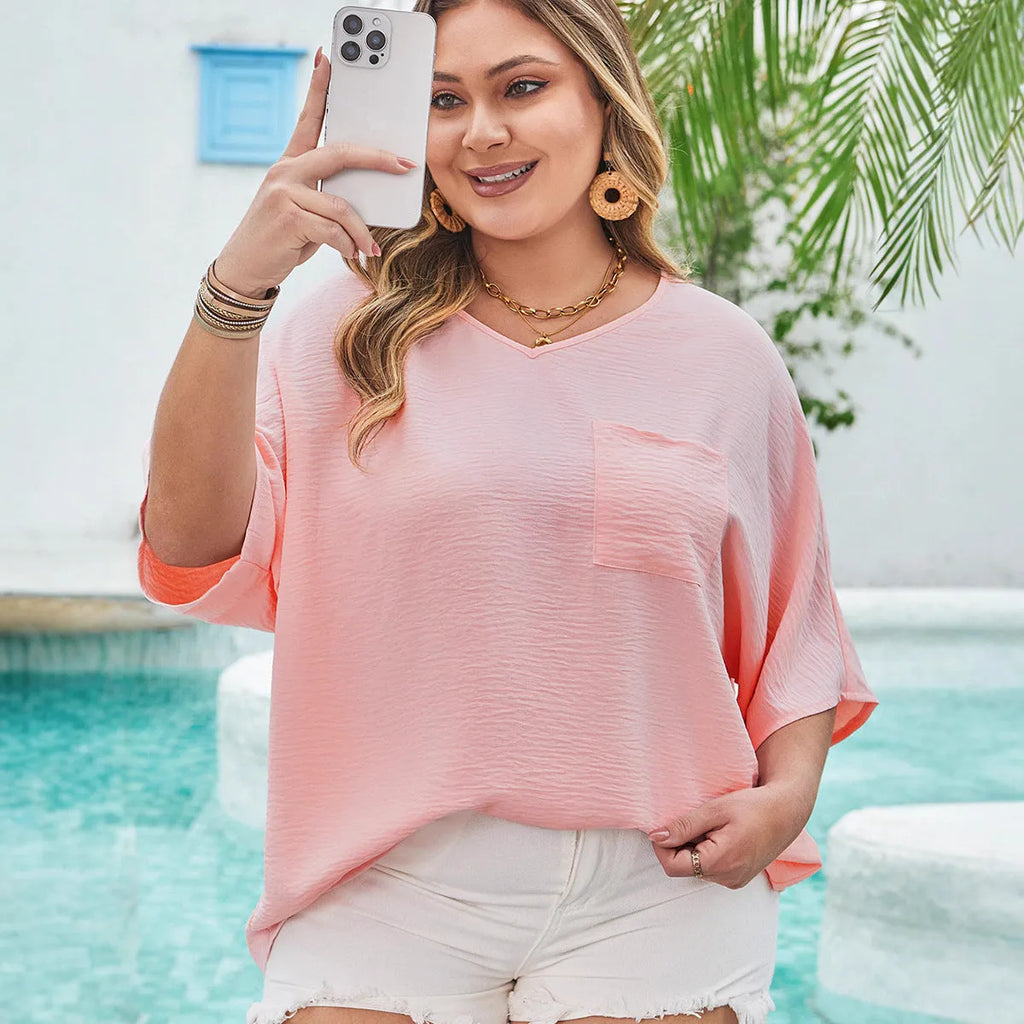 Women's plus size short sleeve T-shirt in pink or green, loose fit, sizes XL-4XL, 50cm length, half sleeves