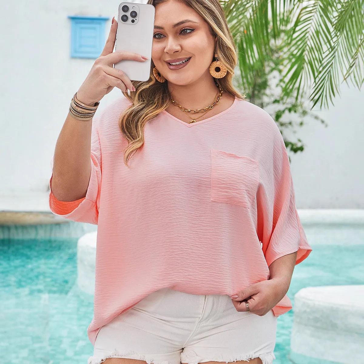 Women's plus size short sleeve T-shirt in pink or green, loose fit, sizes XL-4XL, 50cm length, half sleeves