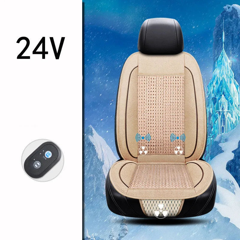 Black minimalist car ventilation seat cushion with power cord on a car seat.