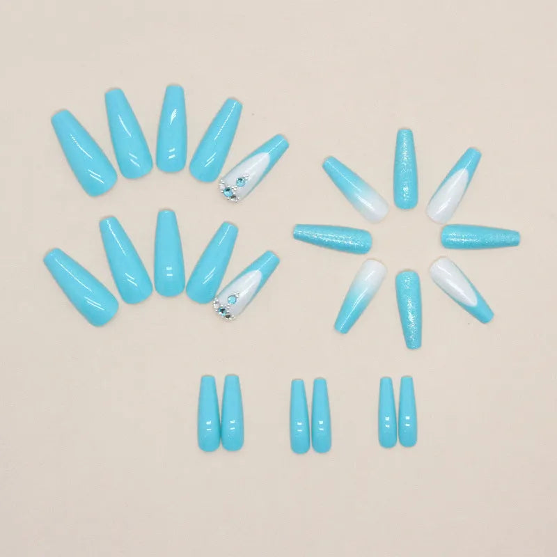 Long ballet artificial nails in smart blue diamond colour with adhesive glue
