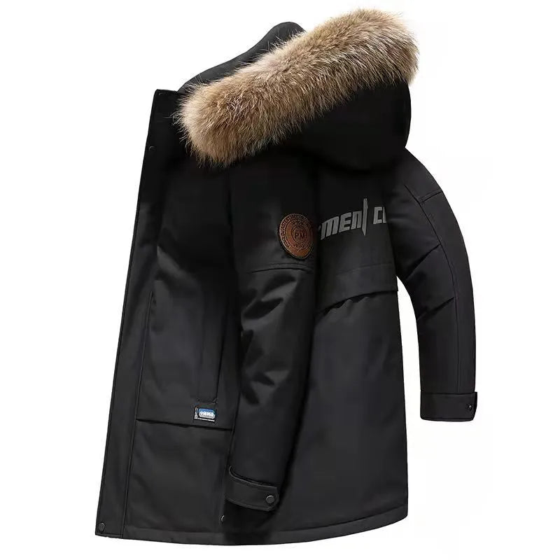 Men's hooded down trench coat with cashmere blend, medium length 65-80cm, in green, black or blue, sizes M to 3XL.