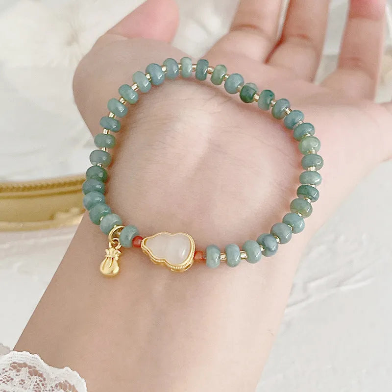 Gourd peace buckle jade bead bracelet for women in four colour options including Hetian jade and strawberry quartz
