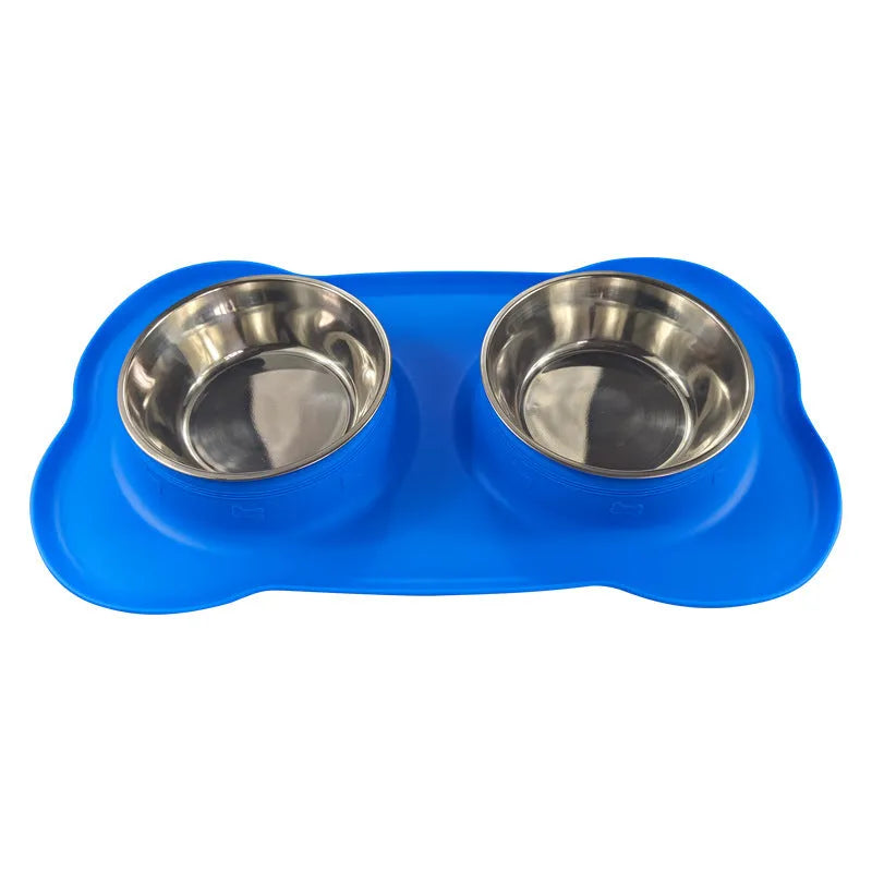 Large silicone double dog bowl with stainless steel inserts in blue colour