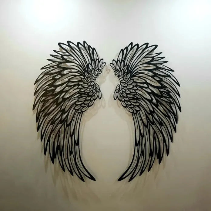 Carved metal angel wings wall decor in iron with double-sided black finish, available with or without light