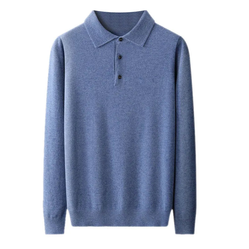 Men's woollen polo collar pullover sweater in assorted colours on a size chart background.