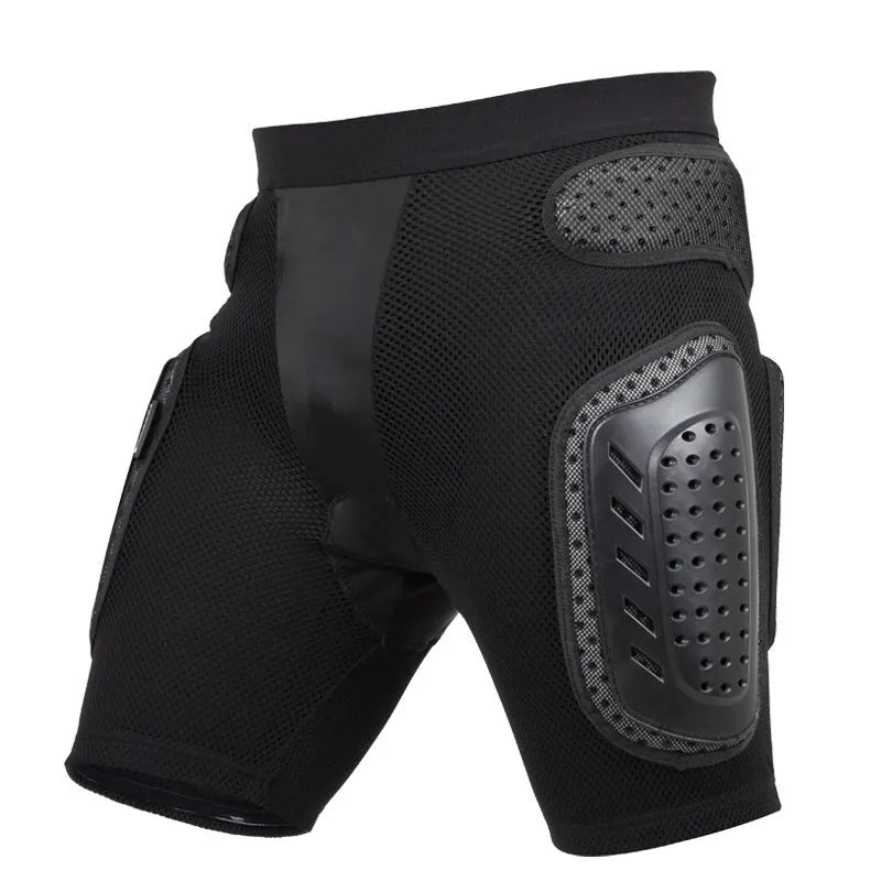 Black cycling hip protection pants showing hip pad placement, labelled with available sizes S, M, L, XL.