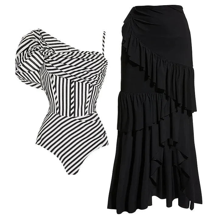 Women's striped ruffled one-piece swimsuit with removable black skirt in polyester fabric
