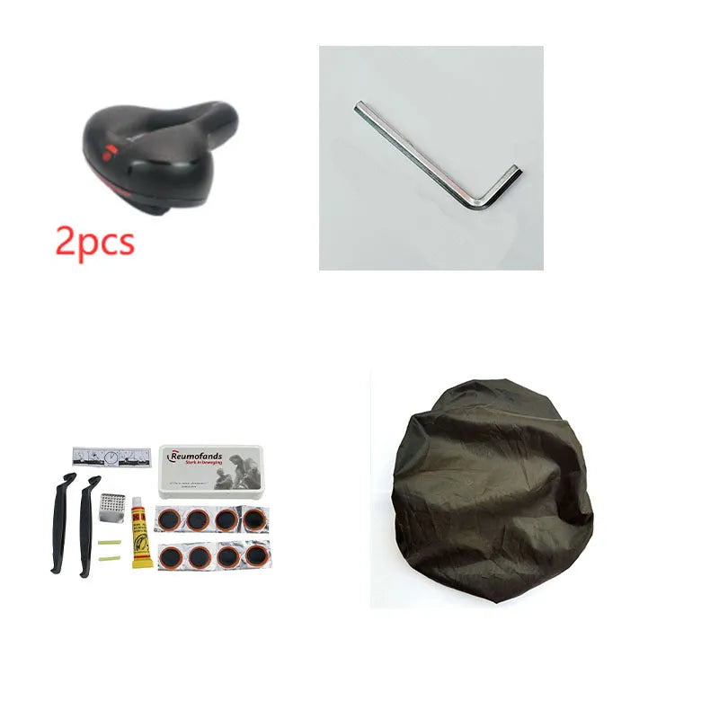 Bicycle saddle cushion with waterproof cover and installation tools including wrench and tyre patch kit