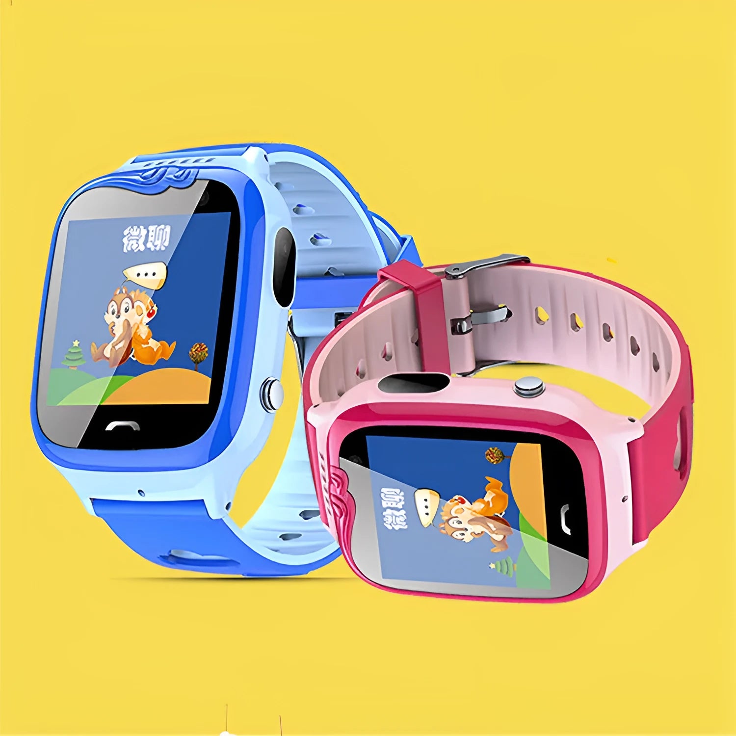 Pink children's smart watch with HD touch screen and silicone wristband showing time and positioning icon