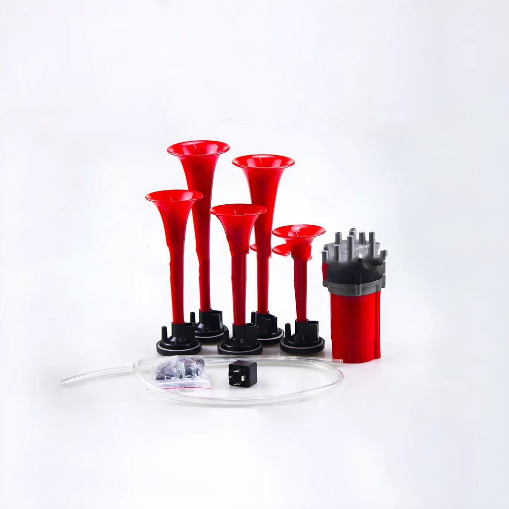 12V 5-tube music electric air horn for vehicles, available in red white and black, with solenoid valve