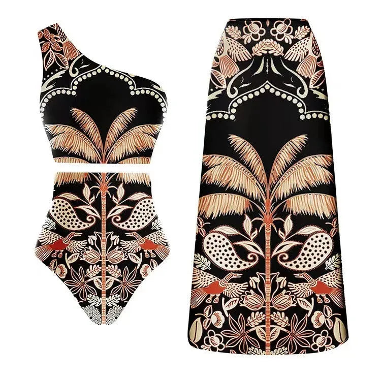Women's black one-piece polyester swimsuit on a hanger, with other colour options visible.