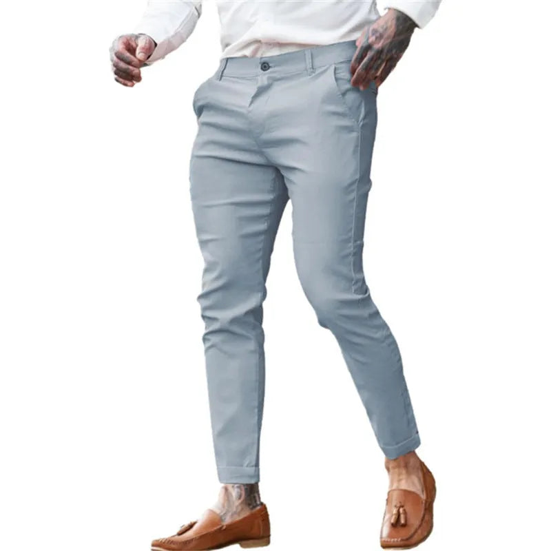 Men's slim fit pencil trousers in stretch cotton twill available in multiple colours
