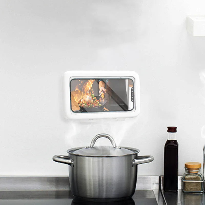 White waterproof phone holder mounted on bathroom tile showing phone inside with clear anti-fog window