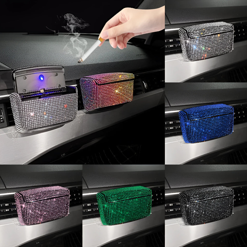 Creative covered plastic car ashtray designed for air vent mounting, shown in a colourful diamond finish.