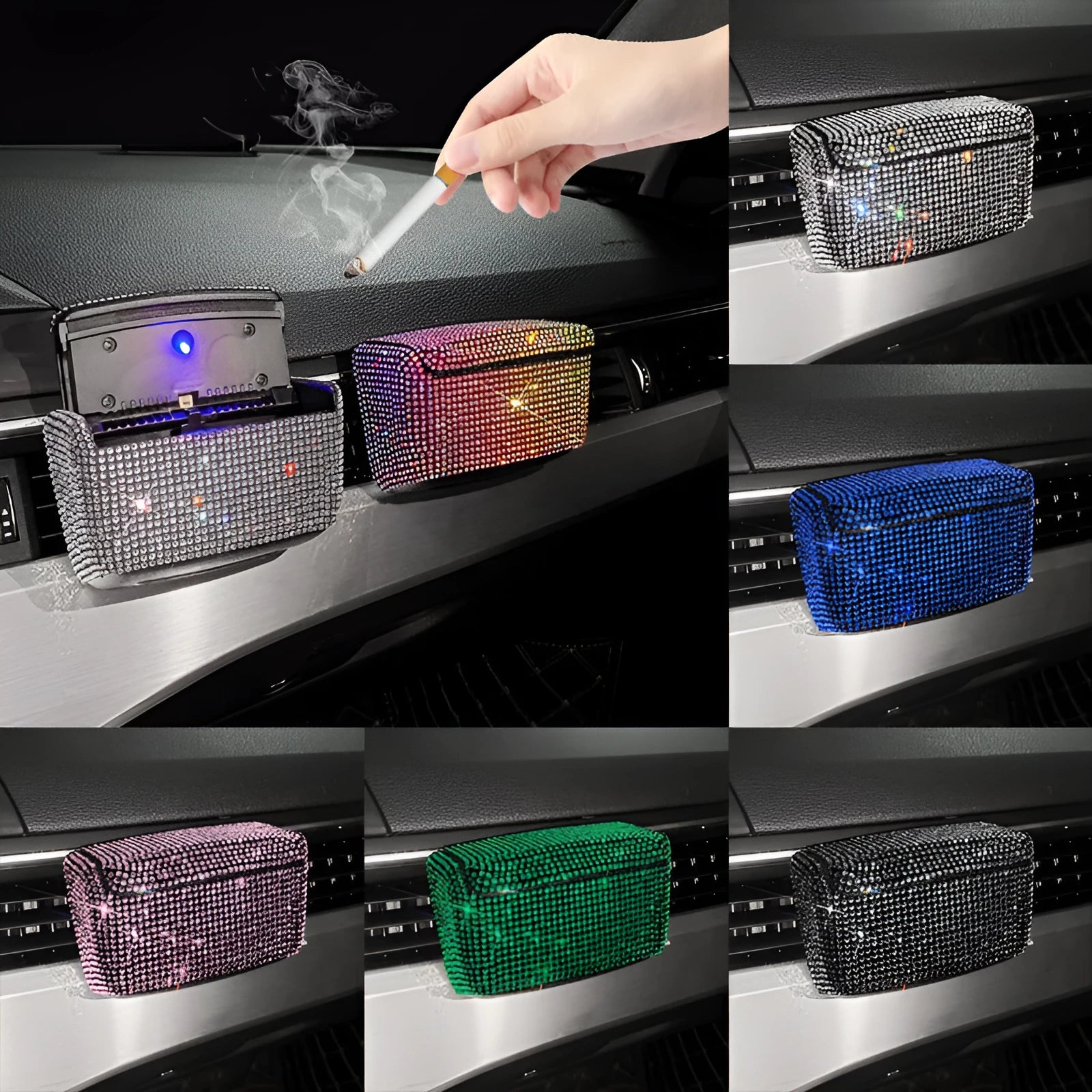 Creative covered plastic car ashtray designed for air vent mounting, shown in a colourful diamond finish.