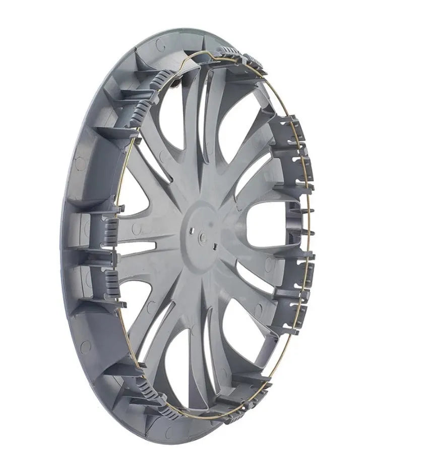 Universal black ABS plastic wheel hub cover for car, shown next to a 15-inch silver version