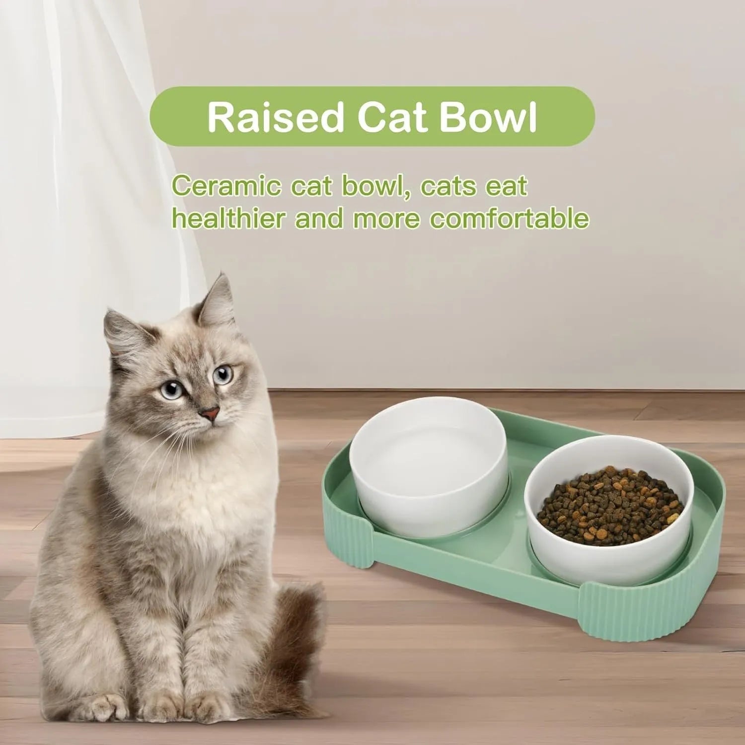 Green ceramic raised cat bowl set with tilted stand and non-slip base for food and water