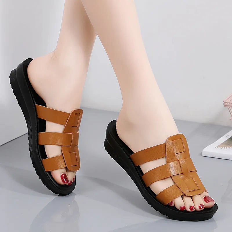 Women's flat bottom slippers in beige, black or brown with non-slip sole and large size options