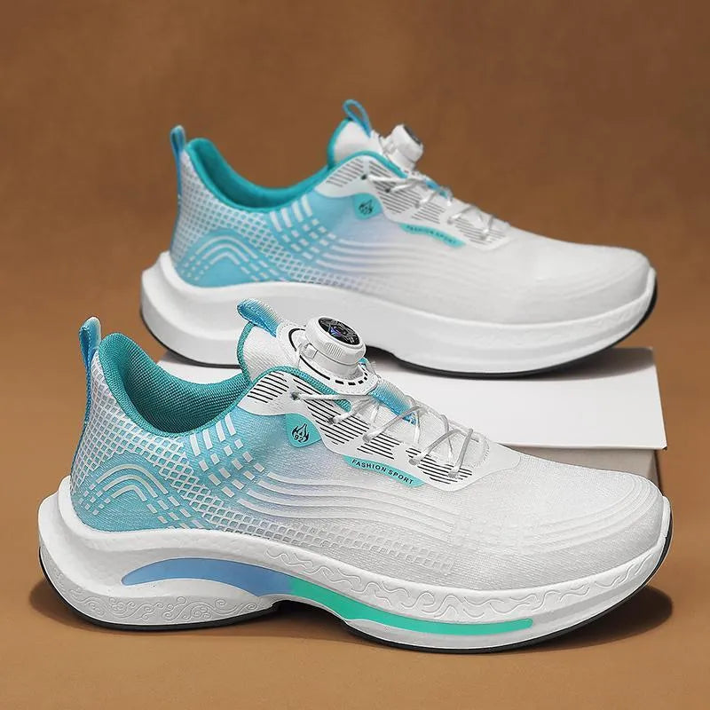 Men's low-top sneaker in white and blue with a rotating buckle and breathable mesh upper