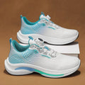 Men's low-top sneaker in white and blue with a rotating buckle and breathable mesh upper