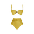 Yellow and green high-waisted women's bikini swimsuit on a mannequin.