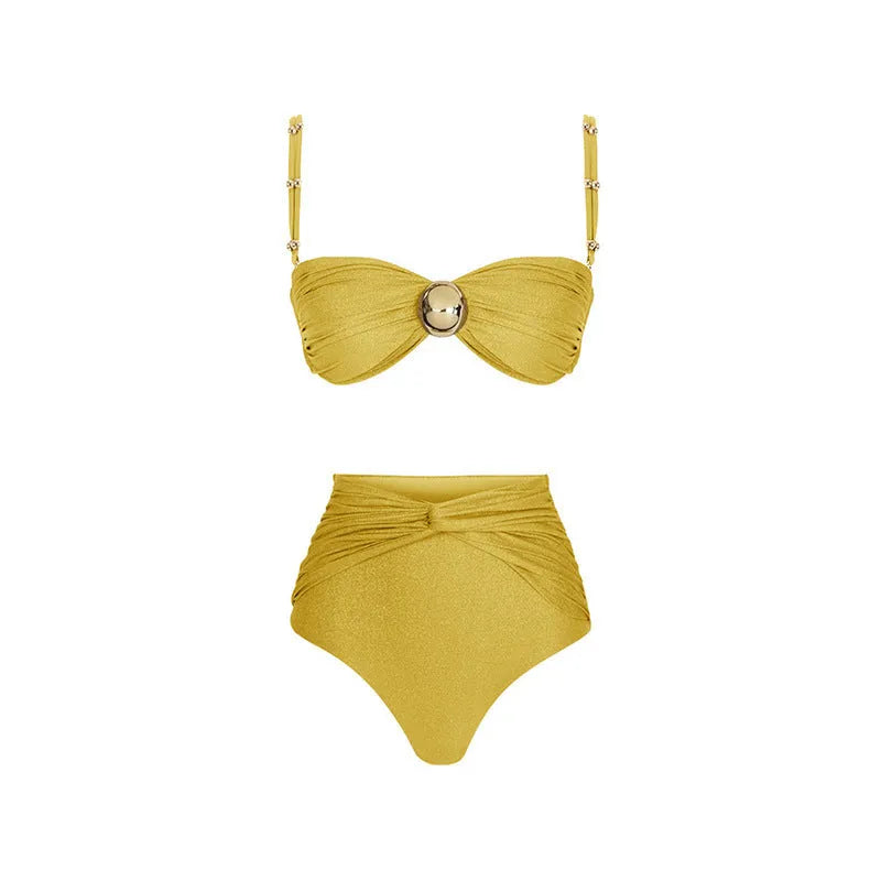 Yellow and green high-waisted women's bikini swimsuit on a mannequin.