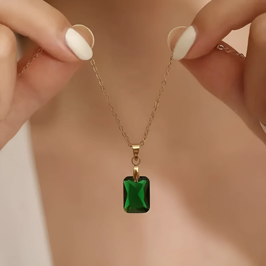 Green rectangular copper geometric pendant necklace on an O-ring chain