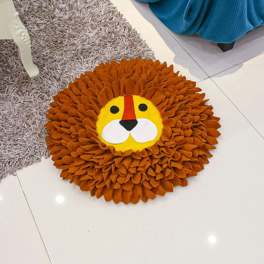 Brown lion-shaped fabric snuffle mat pet toy for dogs and cats