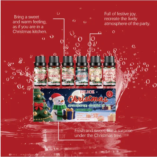 Christmas aromatherapy oil suit showing six diffuser units with 60ml and 10ml bottles