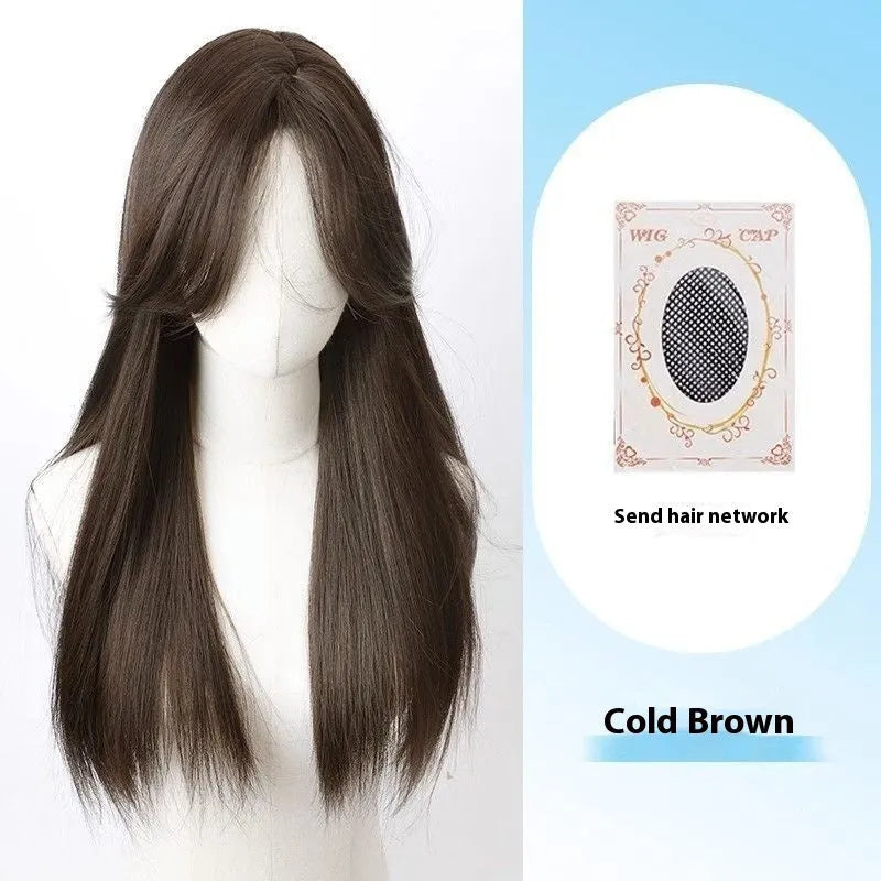 Black long straight full-head synthetic wig with lace front and side bangs.