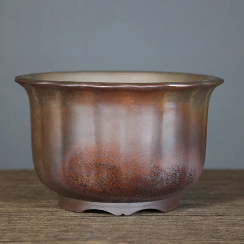 Antique carved purple sand ceramic flowerpot in S1696 firewood colour for indoor bonsai displays