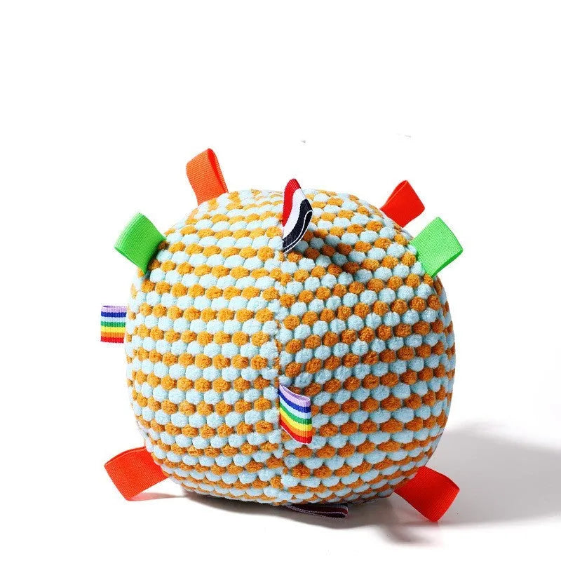Blue vocal ball dog chew toy with rolling molar ring design and pineapple lattice texture, 17cm diameter