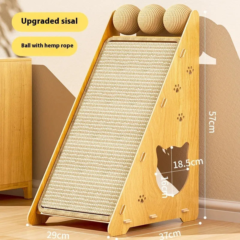Composite board sisal cat scratch board, vertical wall mounted, upgrade thick triangle with 3 hemp rope teasing balls