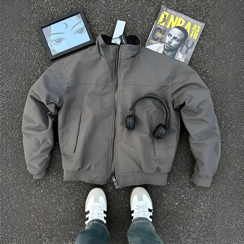 Men's loose coach jacket with stand collar, long sleeves, polyester, in black, gray, or apricot