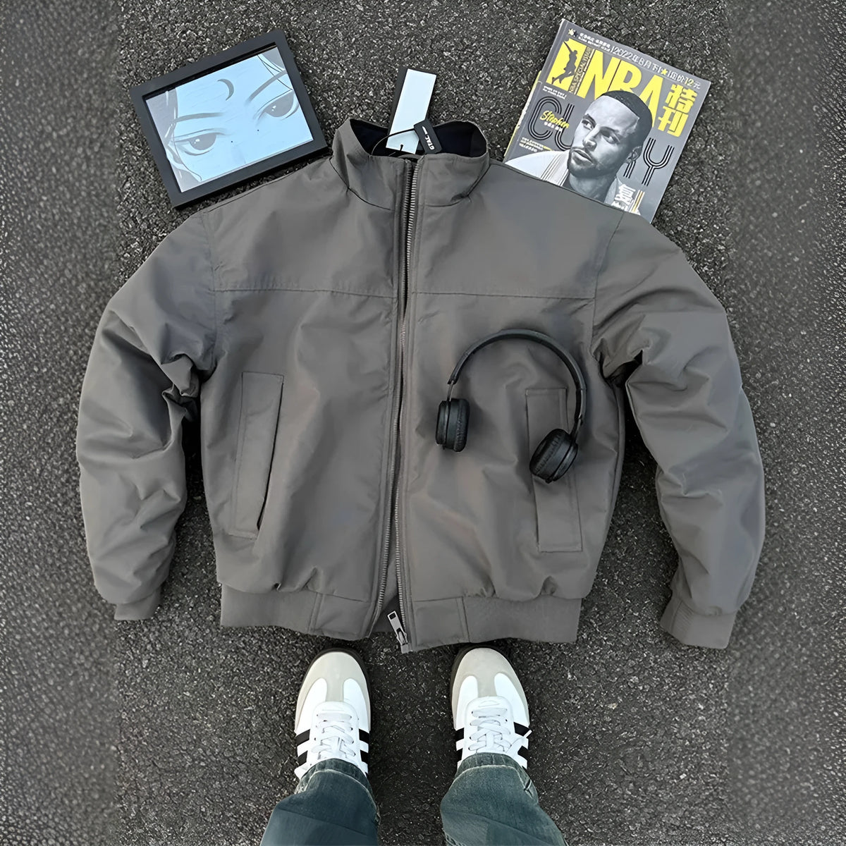 Men's loose coach jacket with stand collar, long sleeves, polyester, in black, gray, or apricot