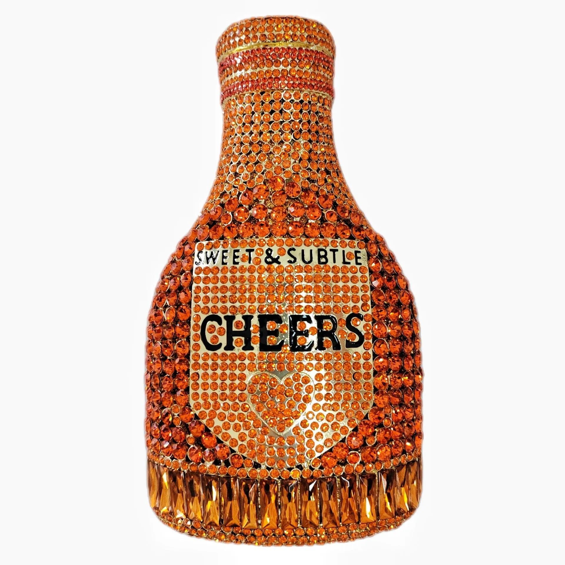 Gold champagne bottle shaped evening clutch with rhinestone decoration on black background