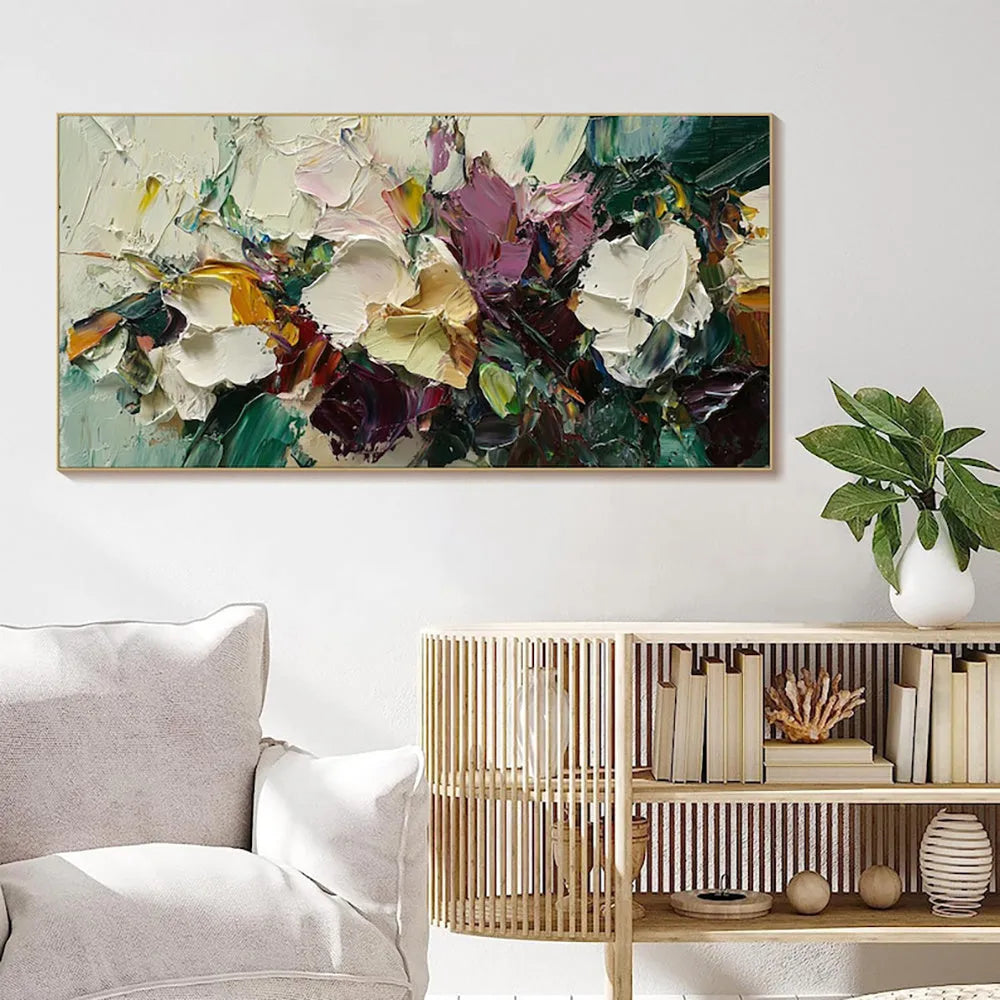 Hand-painted flower oil painting on canvas with knife-thick texture, rolled and frameless, horizontal modern wall art