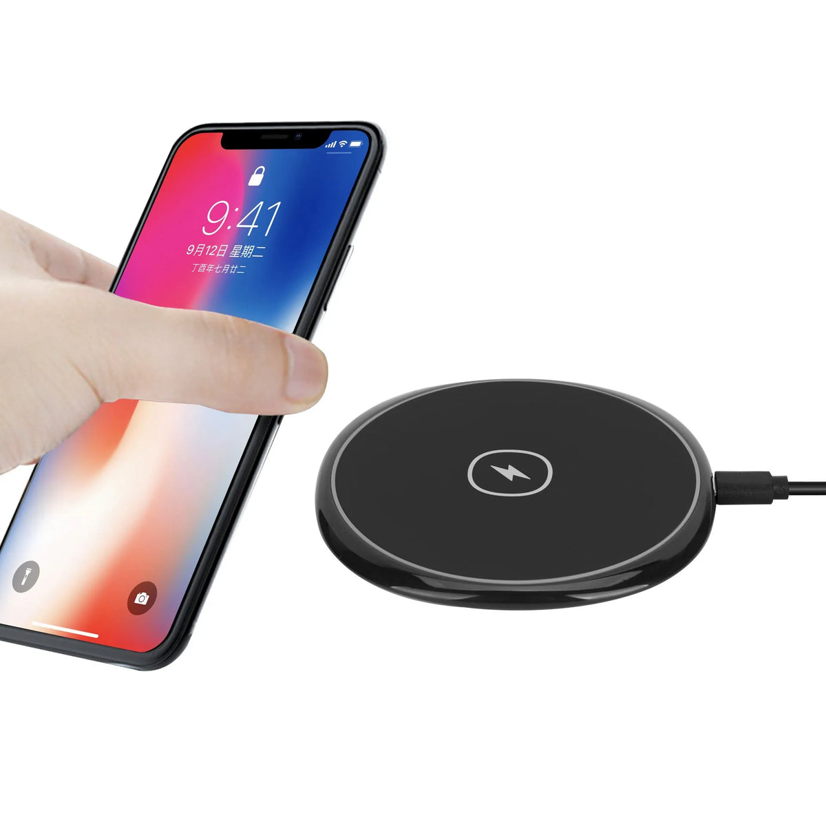Black 15W fast wireless charger with glossy flat surface and indication function for Apple Huawei phones