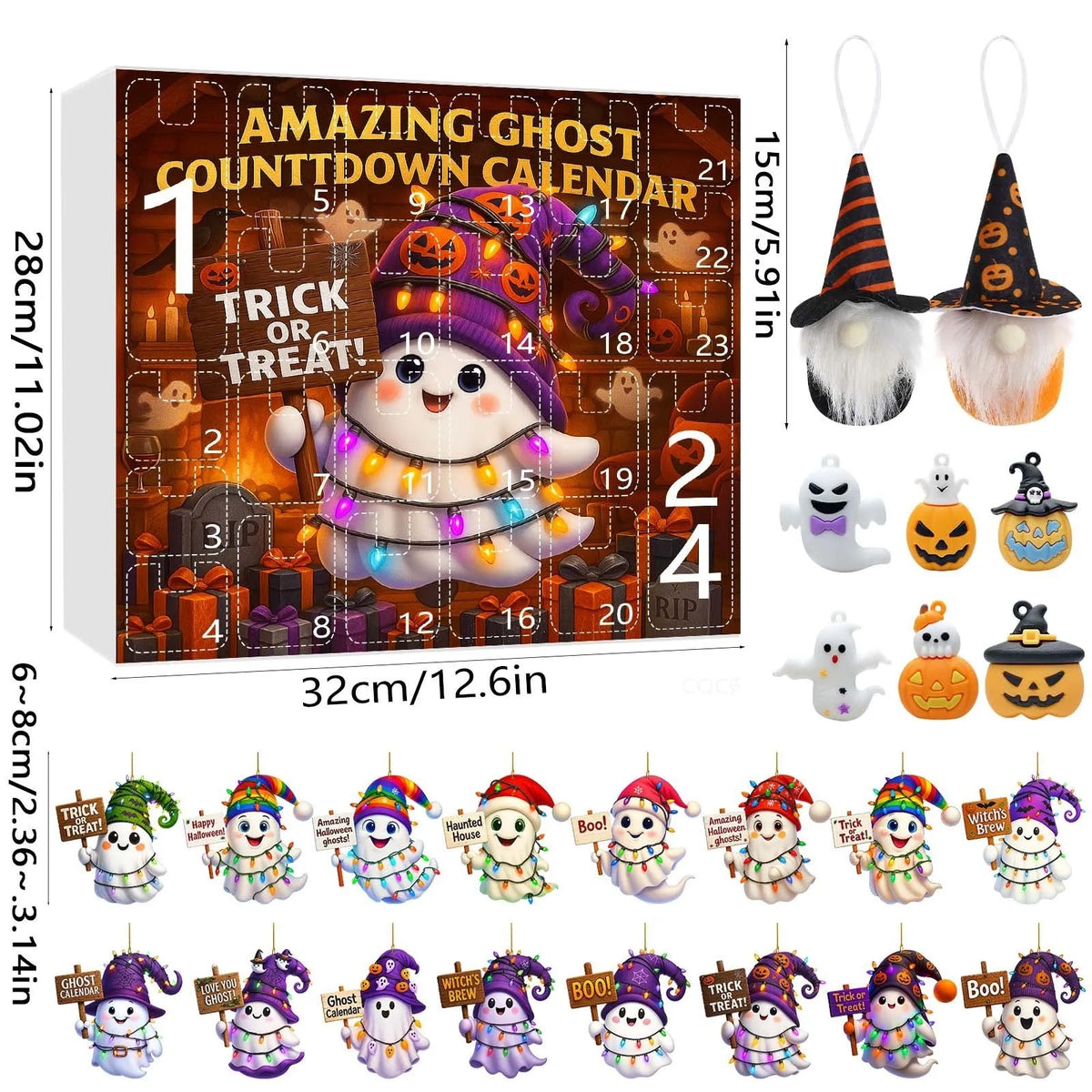 Ghost pumpkin doll blind box set with 16 pendants, 6 PVC figurines, and 2 plush dolls for Halloween and Christmas tree dress up