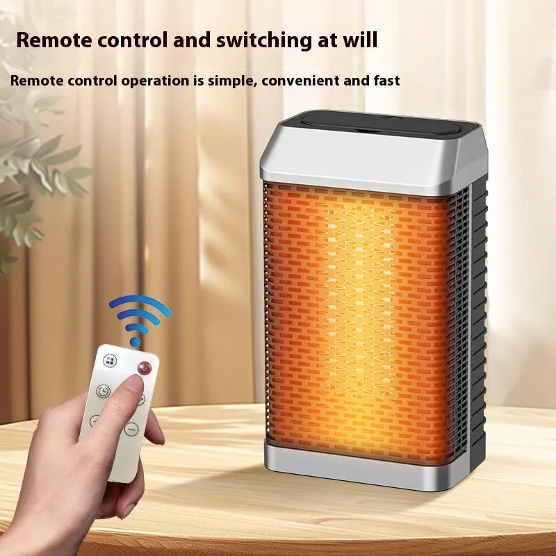 Black remote control desktop heater with oscillating grill on a wooden desk