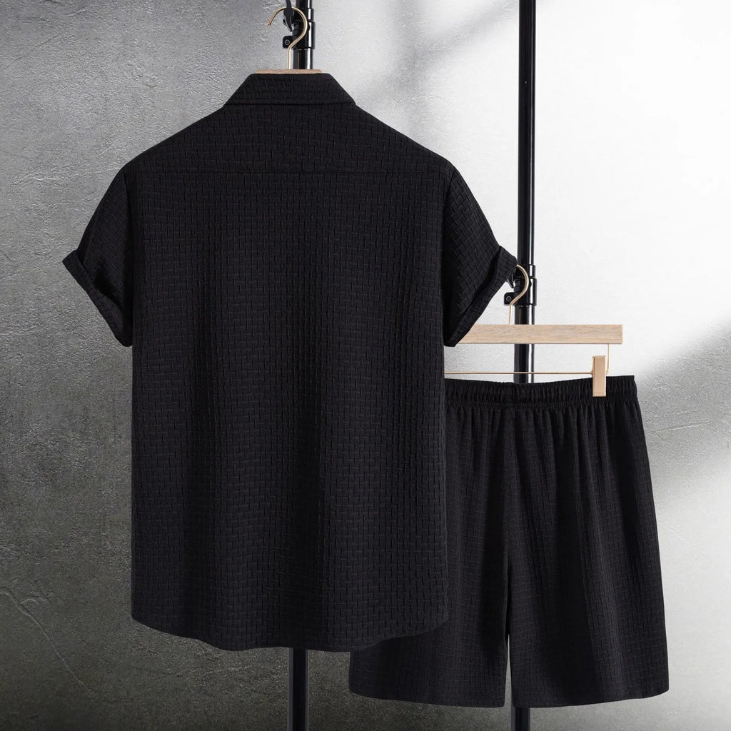 Men's black cotton blend shirt and shorts casual set laid flat