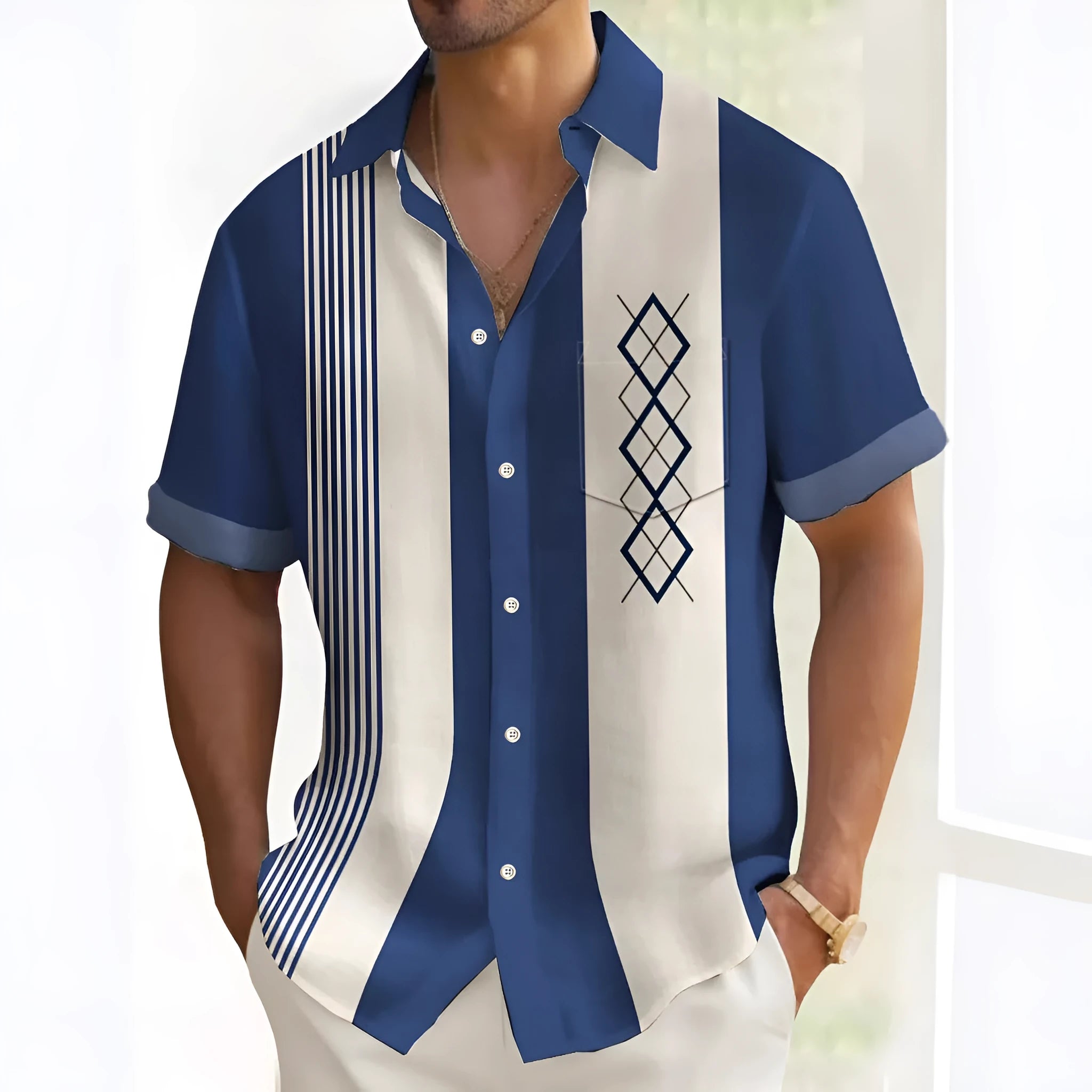 Men's loose fit printed casual shirt in polyester fabric showing cardigan style and multicolour pattern